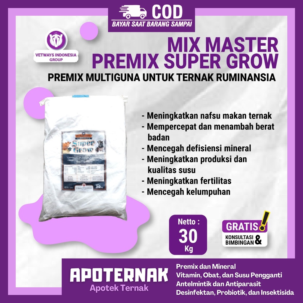 PREMIX SUPER GROW 1 kg - Suplemen Penggemukan dan Peningkat Produksi Susu Sapi Kerbau Kambing Domba | Apoternak