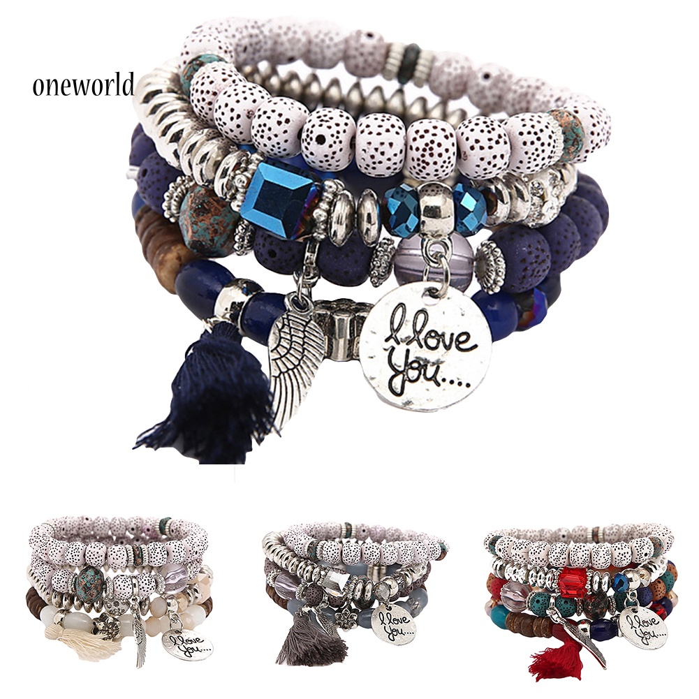 Oneworld Gelang Manikmanik Batu Alam Multilayer Aksen Rumbai Gaya Bohemian Untuk Wanita