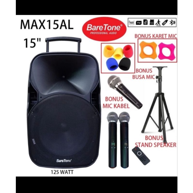 Speaker portable wireless baretone max15al max 15al 15inch bluetooth Original