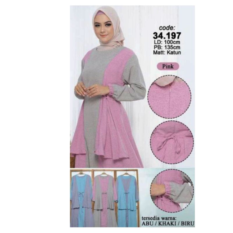 baju gamis katun dan moscrepe kombinasi warna lengan panjang variasi rempelan tali pinggang seleting