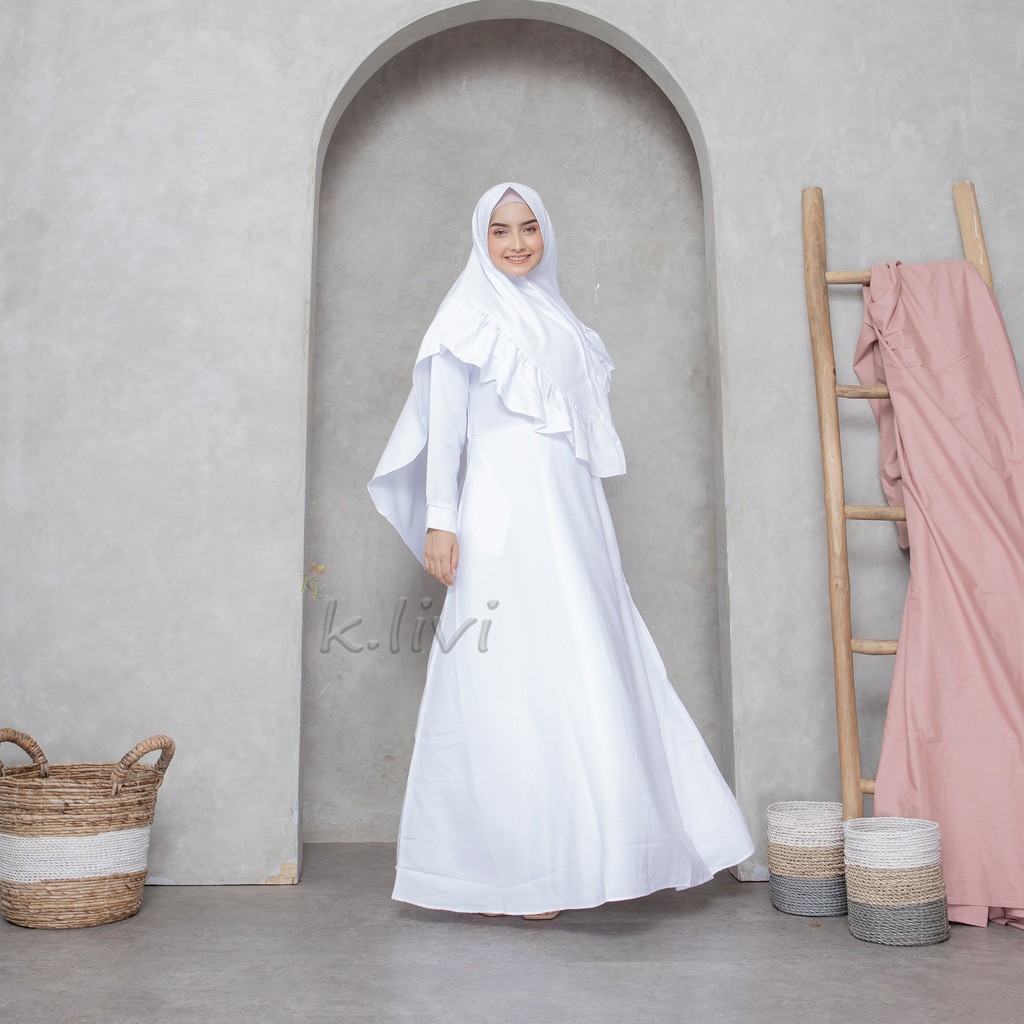 Baju gamis putih syari M L XL pengajian manasik busana muslim wanita-3