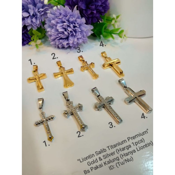liontin salib titanium premium gold dan silver