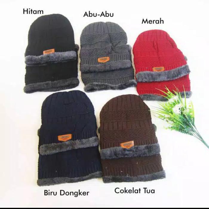 Topi Set Kupluk Dan Syal Benang Wol Rajut Hangat Dan Tebal Musim Dingin