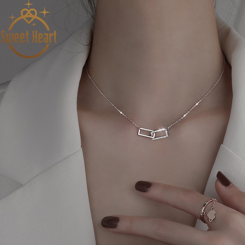 Korean Tide New Diamond-studded Square Clavicle Necklace Super Fairy Fashion Geometric Girlfriend Sweet Heart Jewelry