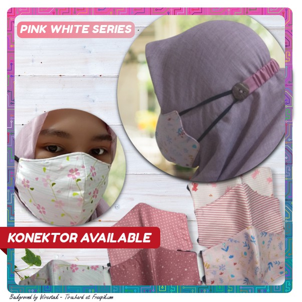 Masker Kain Hijab 3 Lapis Duckbill Bisa Di Cuci Motif 3 Ply Headloop Serut Katun Warna Pink Putih
