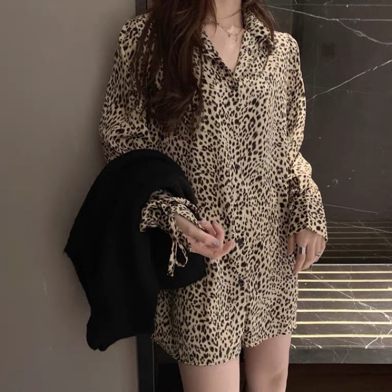 KEMEJA OVERSIZED SHIRT XL MOTIF LEOPARD MACAN TUTUL PRINT SATIN BKK