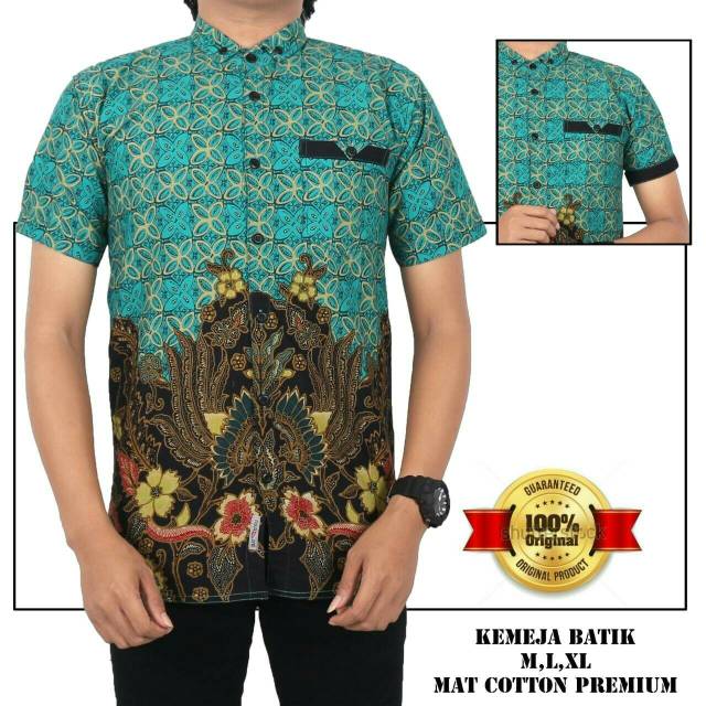 Risna Batik HRB026 kenongo kemeja hem pendek padi pekalongan M L XL MURAH KEREN bati pria wajik biru