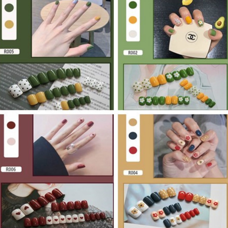 24pcs Kuku Palsu Finished Nail Patch Tahan Air Wearable Gaya Korea