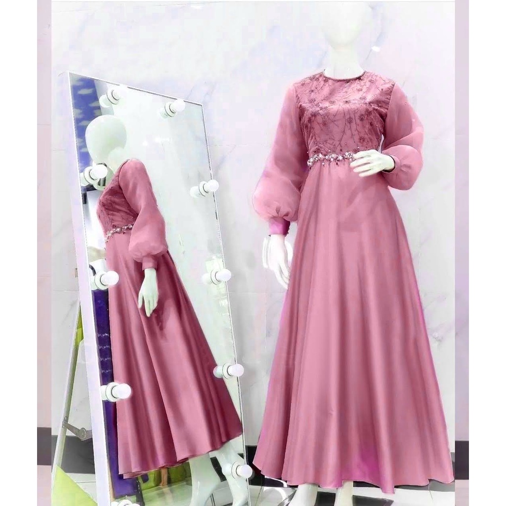 ELDE 12 -  TSANIA DRESS BRUKAT (L - XL - XXL) BAHAN TILE MUTIARA LAPIS FURING KOMBI BAWAH ROBERTO BAGIAN LENGAN ORGANZA LAPIS FURING PINGGANG MUTIARA TEMBAK MODEL SLETING BELAKANG, TALI OBI KIRI DAN KANAN