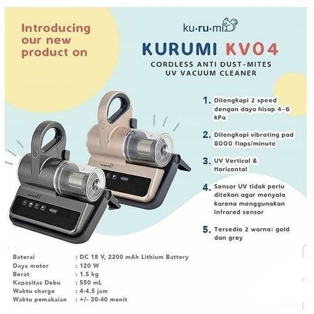 KURUMI KV04 KV 04 CORDLESS ANTI-DUST MITES UV VACUUM CLEANER GRAY / PENYEDOT DEBU KURUMI