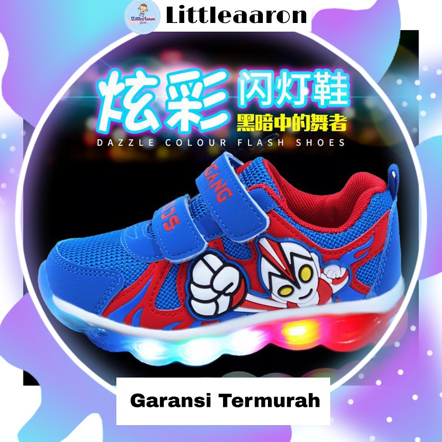 LittleAaron ULTRAMAN Sepatu Sneakers Anak Velcro Gambar ultraman Dengan Lampu LED Sport Termurah Sendal Bayi Anak Cewek Cowok