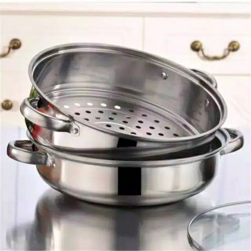 [BISA COD] Panci Kukus 2 susun Kukusan Double Stainless Steel Steamer Pan Dandang 2 layer cooking pot 2in1