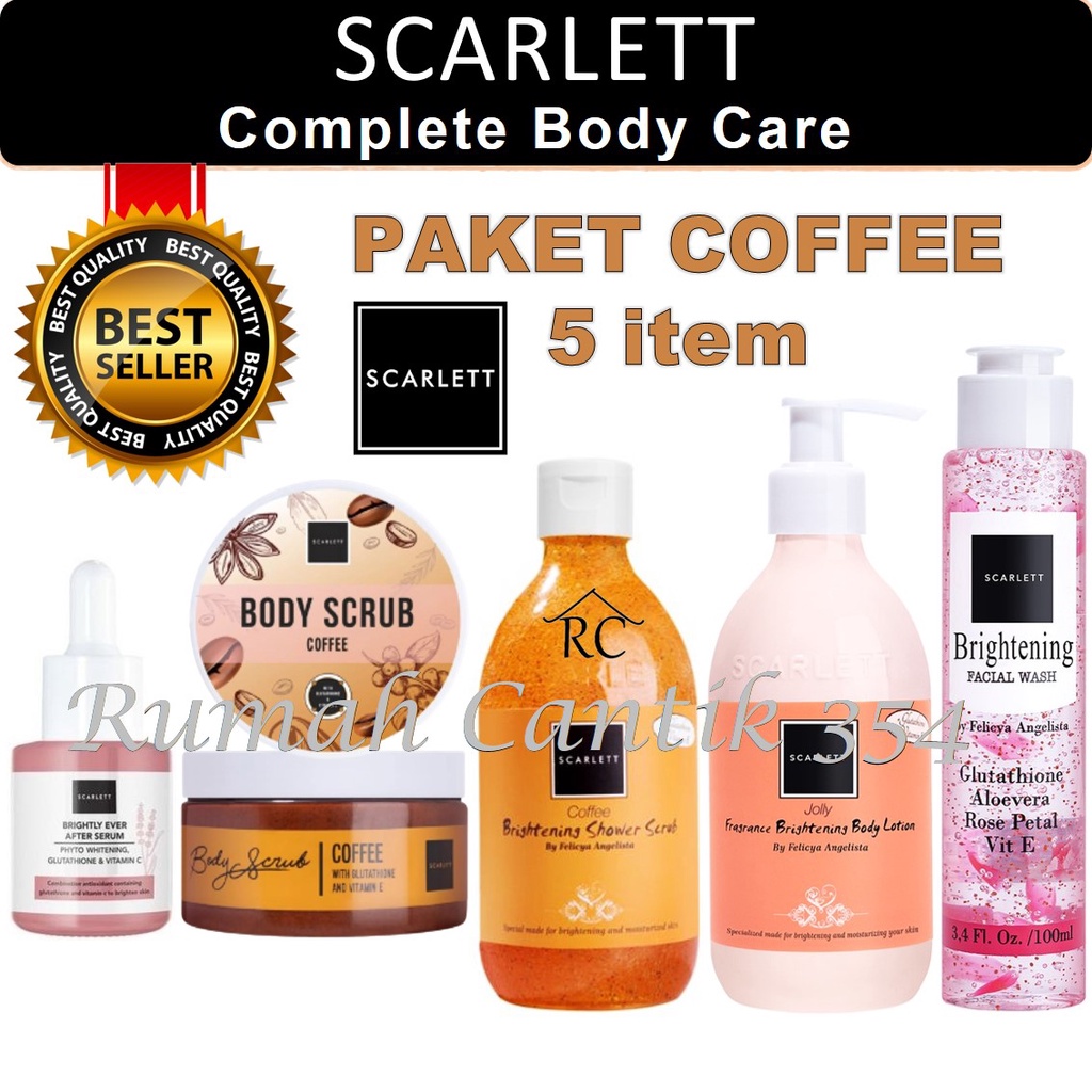 Paket Komplit 5 in 1 Body Care Scarlett Whitening Body Scrub Coffee + Shower Scrub Coffee + Body Lotion Jolly + Facial Wash + Brightly Ever After Serum Rumah Cantik Perawatan Tubuh