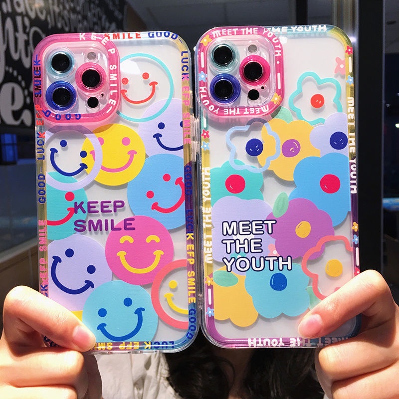 Casing Belakang Pola Bunga + Smiley Face Warna Acak Untuk Iphone