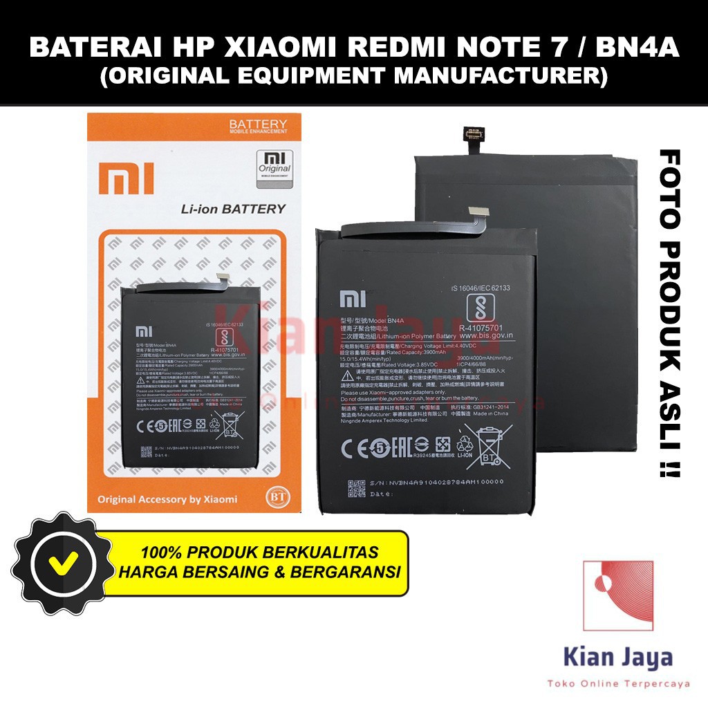 Baterai Xiaomi Redmi Note 7 BN4A Original OEM Batre Batrai Battery HP Xiao Mi BN 4A Ori