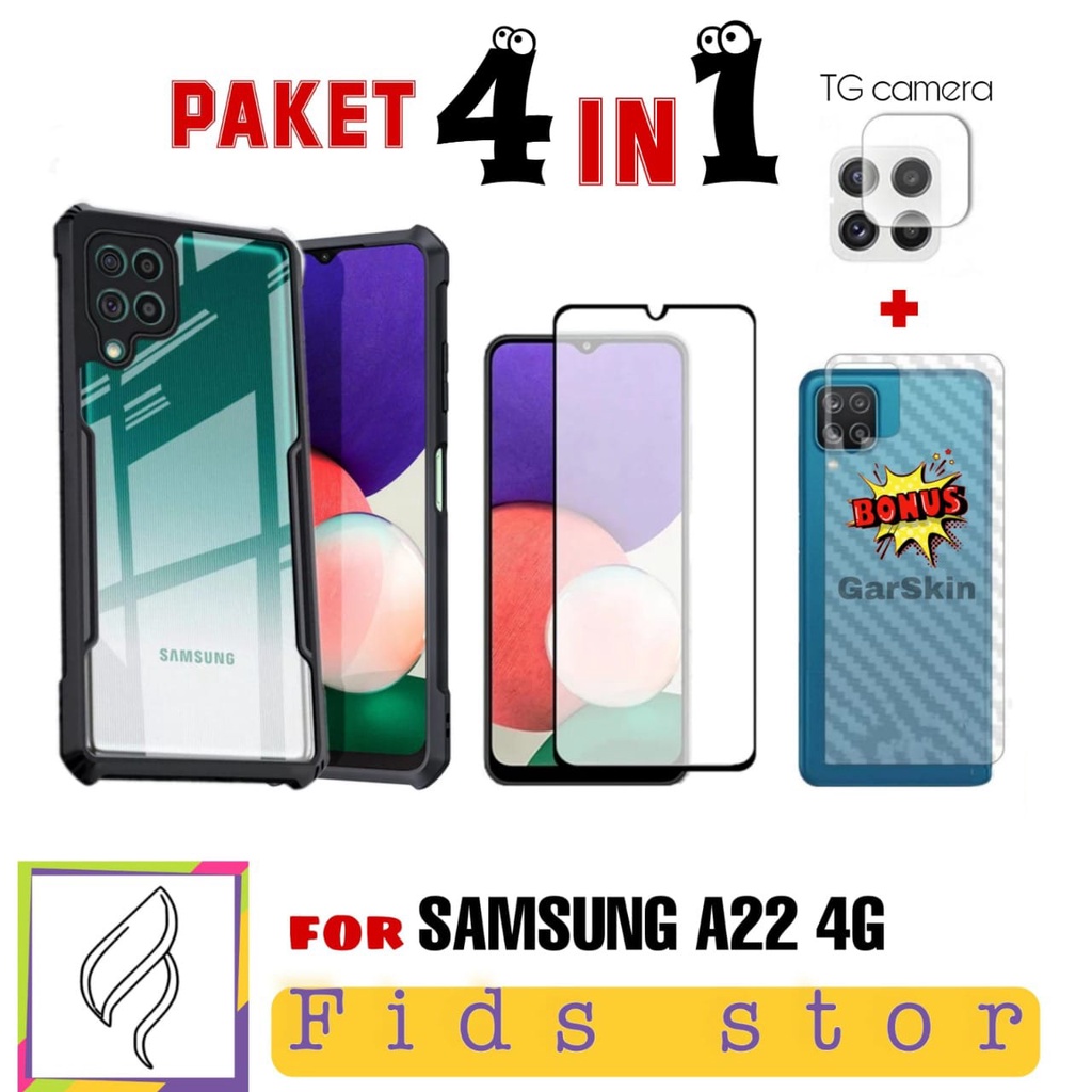 PROMO 4in1 CASE SAMSUNG A22 4G + TEMEPERED GLASS FULL COVER BLACK + CAMERA LENS PROTEC  FREE GARSKIN