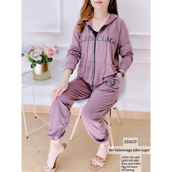 11627 Setelan Kaos Strech Motif Balenciaga Atasan Jaket Hoodie dan Celana Jogger Panjang Import