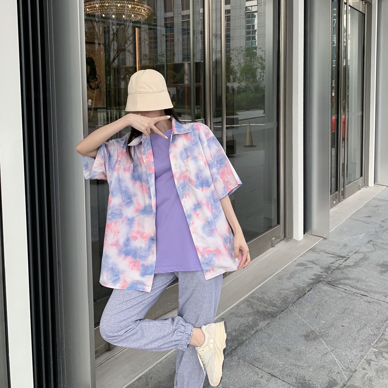 kemeja sifon kasual retro tie-dye fashion wanita korea lengan panjang