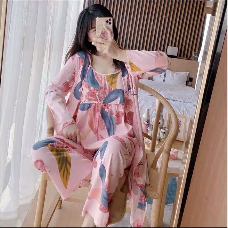 KZ_Stelan kimono 3in1 pp import / set baju tidur kimono 3in1 pp kekinian / Stelan kimono pp terbaru