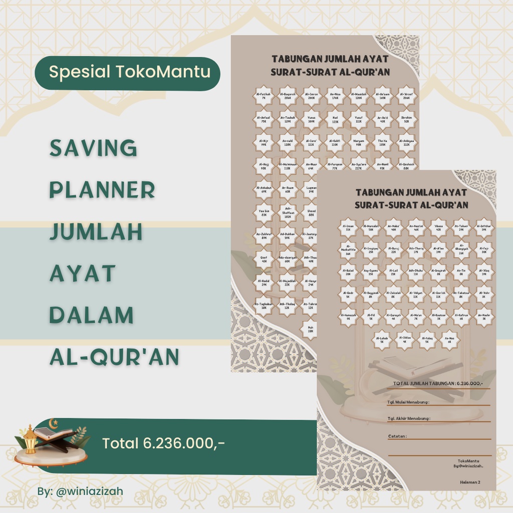 

SPESIAL Tabungan Jumlah Ayat Surat-Surat Al-Qur'an // Template Saving Planner Challange Tabungan Target Islamic Unik Lucu