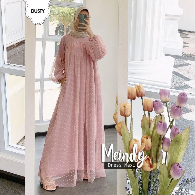 MX MEINDY / MAXI MEINDY MOSCREPE TILEDOT / GAMIS WANITA BRUKAT BAHAN MOSCREPE KOMBI TILE DOT