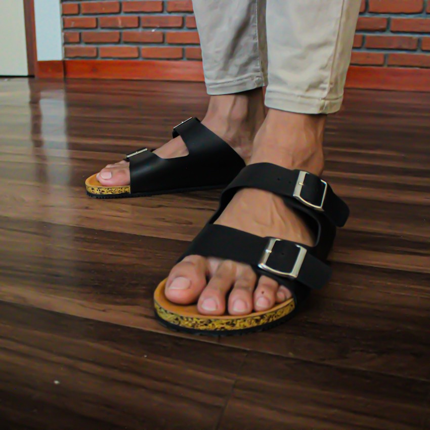 Cracker Black | Sendal Tali Kulit Simpel Kayu Jalan Pria/Cowok/Men Sandal Footwear | FORIND x Lvnatica