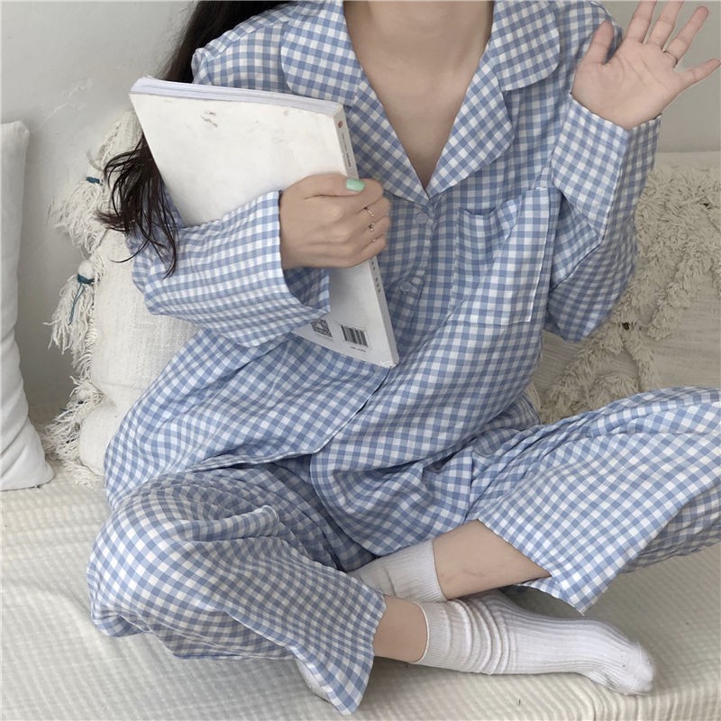 Baju Tidur Wanita Dewasa Piyama Import Pajamas Lengan Panjang Celana Panjang Kemeja PP Seri Kotak