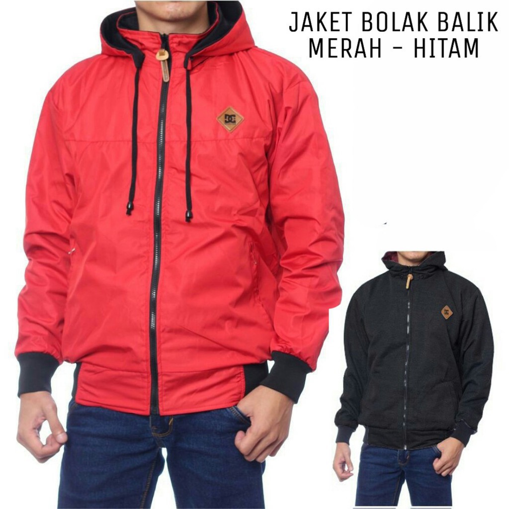 Jual ( COD ) JAKET BOLAK BALIK PRIA WANITA MERAH HITAM DUKBIT | Shopee ...