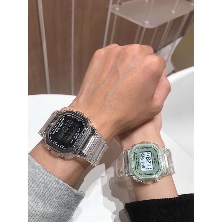 COD Jam Tangan Couple Jam Tangan Rubber Digital Segi Transparan Murah Karet Sport Led M136