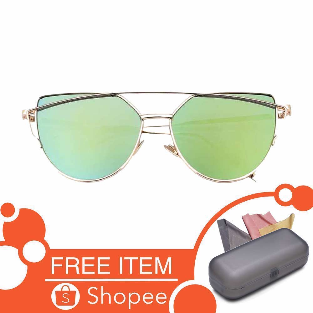 Anti UV Eye Cat Sunglasses [ Hijau Muda Gold  ] Pria dan Wanita [Desaign Korea] NY Free Kotak