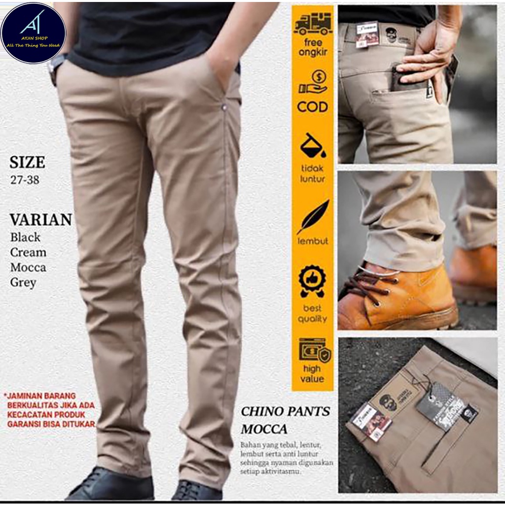 Celana Panjang Kerja Pria Chino Basic Katun (Hitam-Mocha-Krem-Abu)