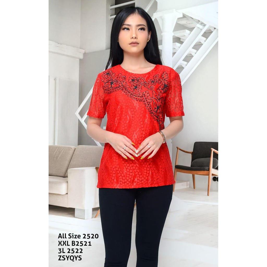 NEW..Blouse Megan Brokat Kombinasi Bordir Lengan Pendek Premium/WSI