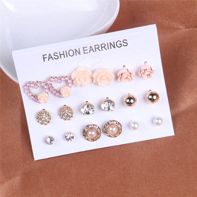 9 Pairs/Set Cute Crystal Pearl Flower Ear Studs Earrings