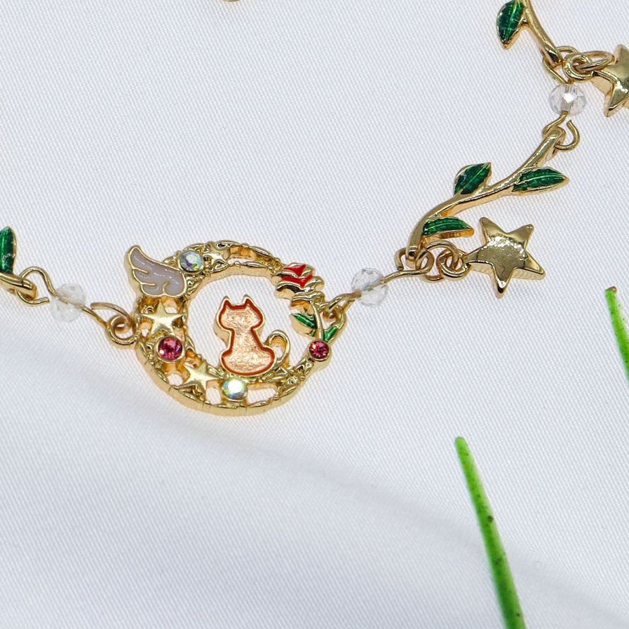 Gelang Tangan Rantai Aksen Bunga Sakuradaun Hijaukucingkelinci Untuk Wanita