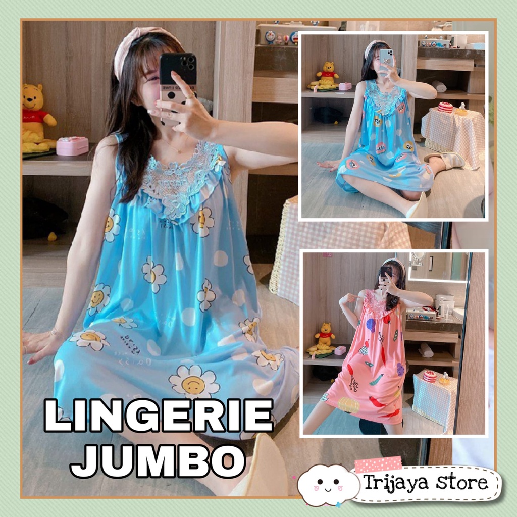 Trijaya . lingerie dress jumbo brukat happy bunga new / daster wanita motif bunga satin import