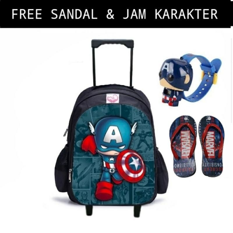 Paket Hemat 3in1Tas Ransel Troly anak Ransel anak sekolah roda Karakter Avengers jam tangan anak dan sendal