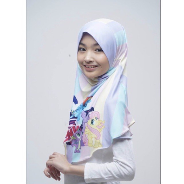 BERGO HIJAB INSTANT PRINTING MOTIF LITTLEPONY , HIJAB INSTANT ANAK LUCU KARAKTER , JILBAB ANAK LUCU