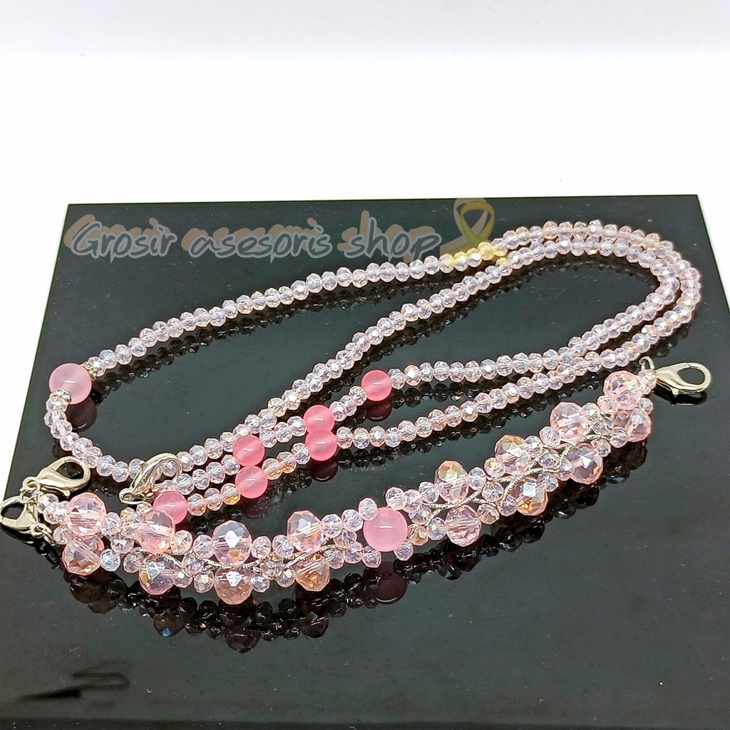 konektor hijab + kalung masker kristal rose quarts / konektor masker / tali masker