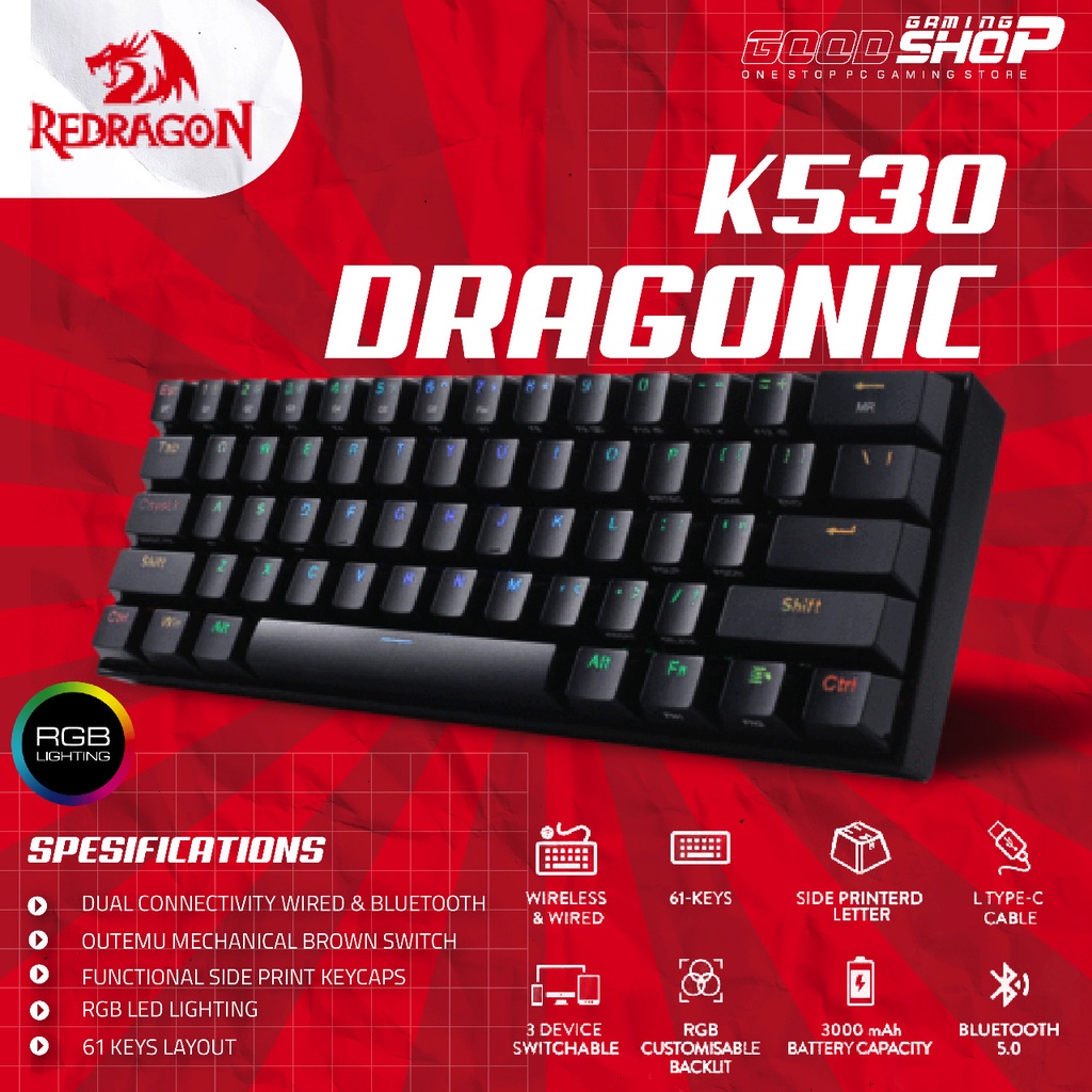 Redragon DRAGONIC K530 RGB Wired &amp; Wired - Mechanical Gaming Keyboard