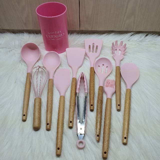 12pcs silicone cooking utensil spatula set with wooden handle