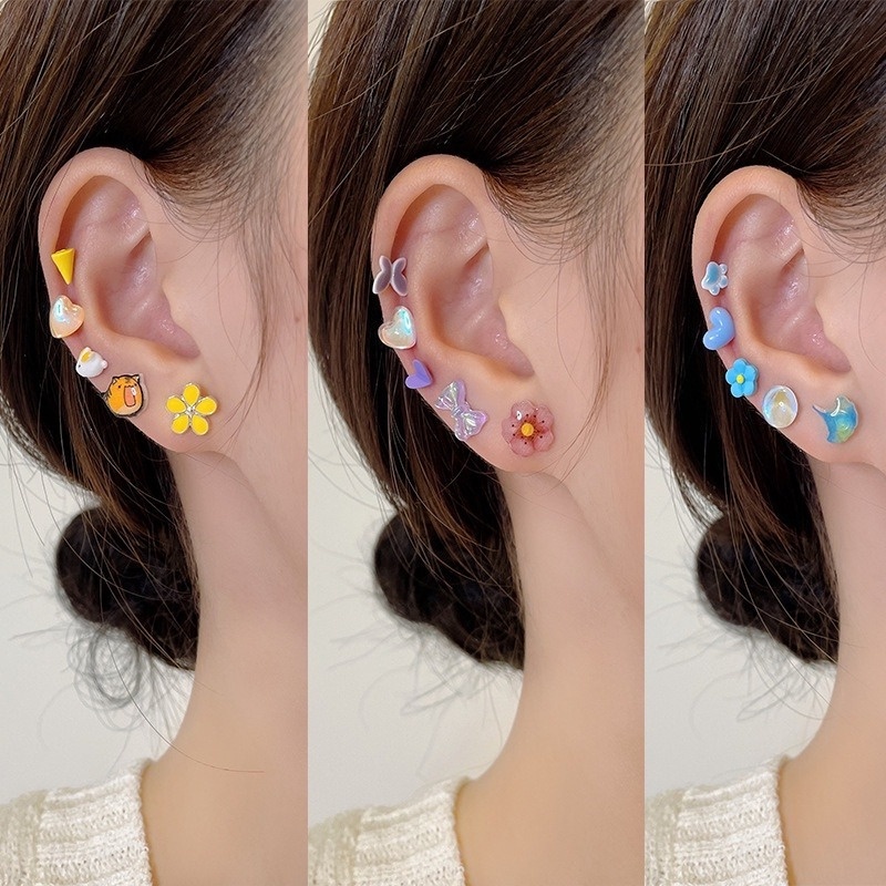 6 Pasang / Set Anting Stud Desain Bunga Butterfly Warna-Warni Bahan Resin Untuk Aksesoris Perhiasan