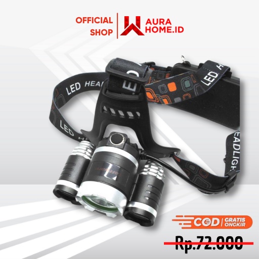 Power Headlamp 3 LED 5000 Lumens Cree XM-L / Senter Kepala LED Super Terang Cahaya Putih Luby Surya 