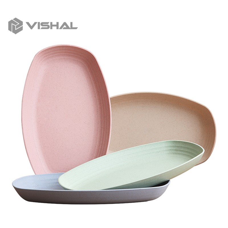 VISHAL Piring Jerami Gandum Set Piring Bentuk Oval Kotak Mix Warna Isi 4 Pcs Lonjong Dinner Plate