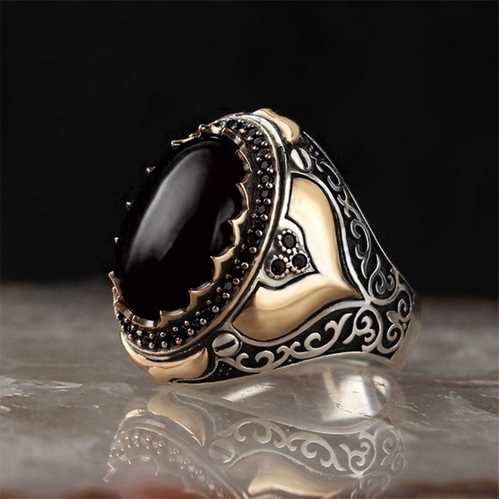 Cincin Batu Akik Hitam Vintage Perak Emas Titanium Baja Pria Punk Fashion Pernikahan Kristal Berlian Rings