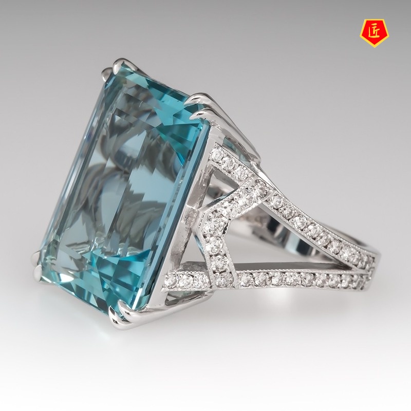 [Ready Stock]Inlaid Sea Blue Topaz Square Diamond Ring Fashion