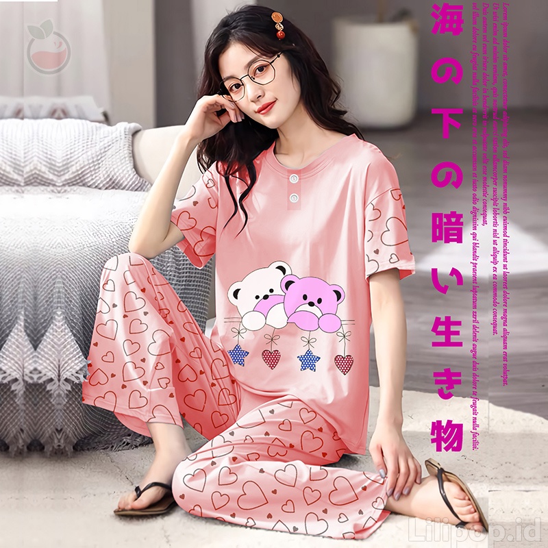 Baju Tidur Stelan Wanita Celana Panjang Baby doll Dewasa Piyama Allsize Cp Lilipop Sleep Wear-Twin Bear salem