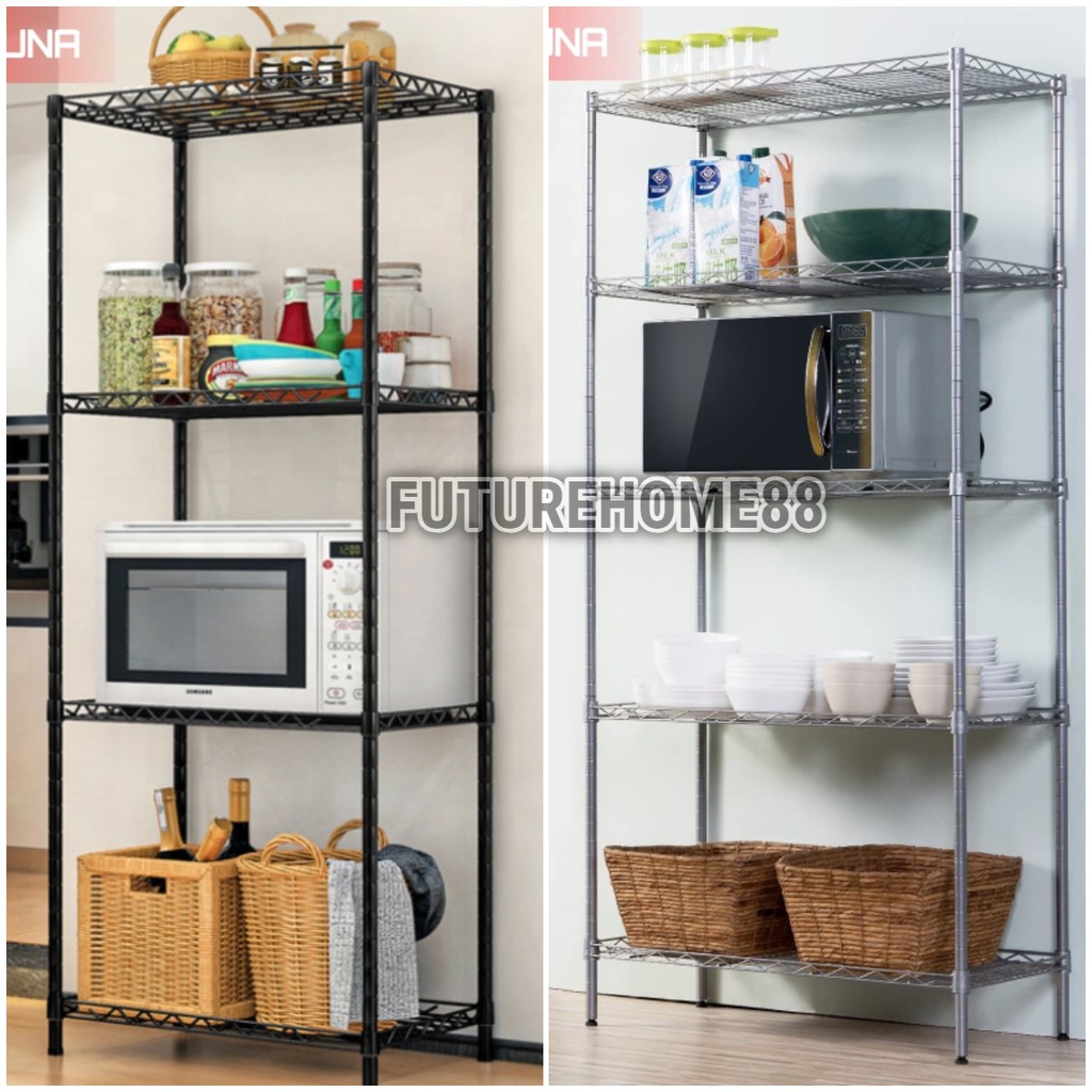 Rak Penyimpanan 5 4 Tingkat Hitam Silver Rak Dapur Microwave Kamar Rak Serba Serbi Rak Sepatu Lima