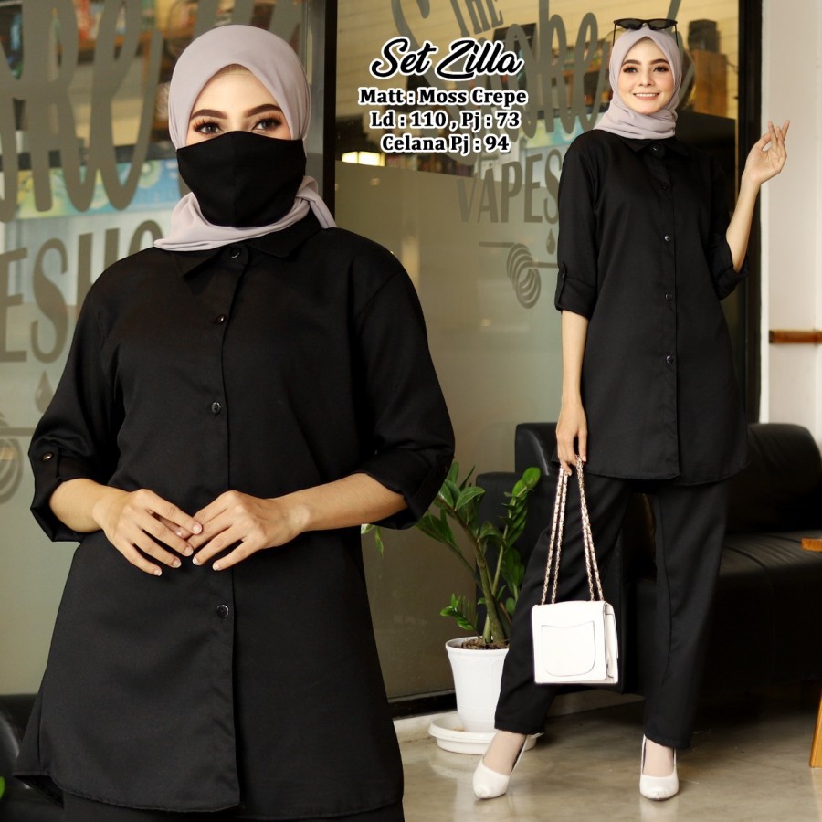 Zilla Masker Paket Setelan Baju Wanita Muslim Casual Kerja Kantor Set Kemeja Tunik Celana Panjang