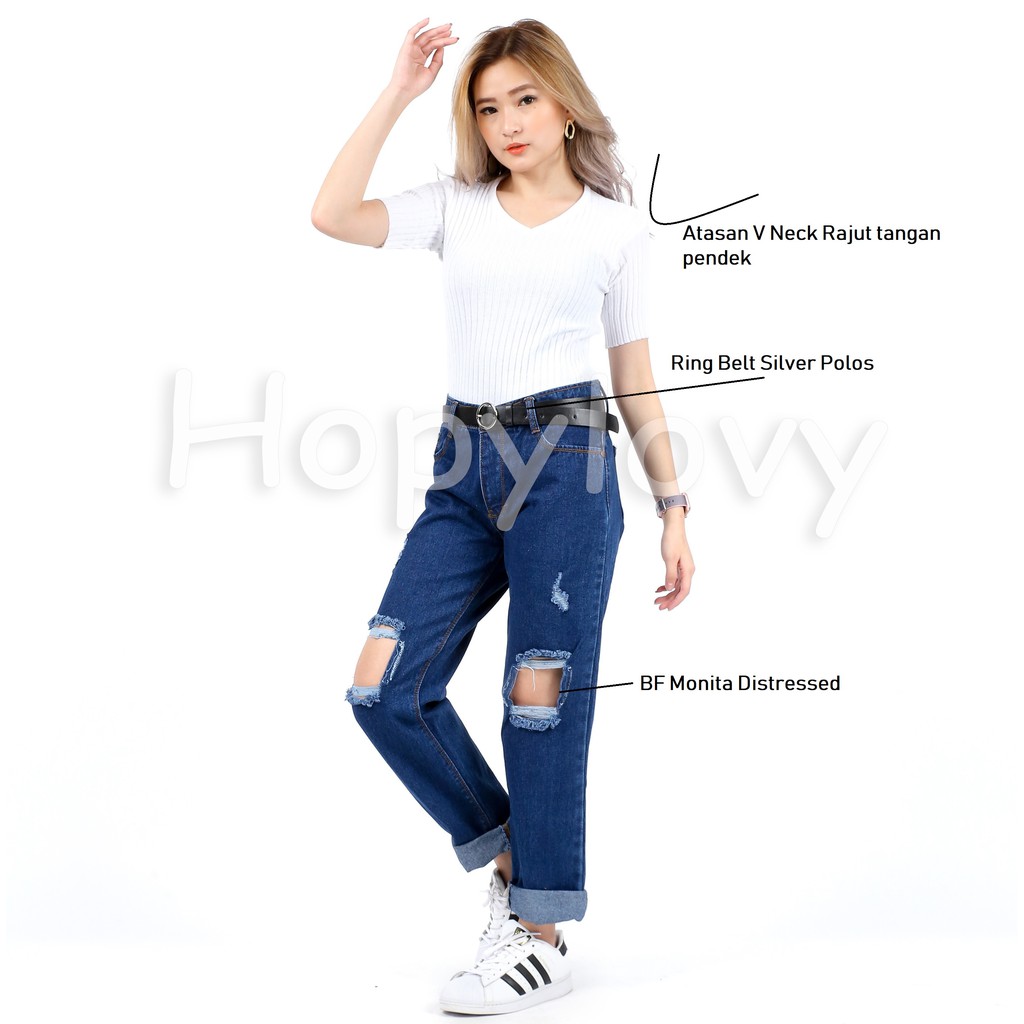 HOPYLOVY - Celana Boyfriend Jeans Wanita Sobek BF Distressed Monita