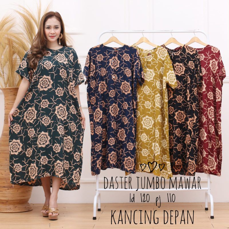 DASTER JUMBO LD 120 CM KANCING DEPAN BUSUI BUMIL BAHAN  SANTUNG RAYON HALUS ADEM BAJU TIDUR IBU LENGAN PENDEK BANYAK MOTIF-DSJ MAWAR